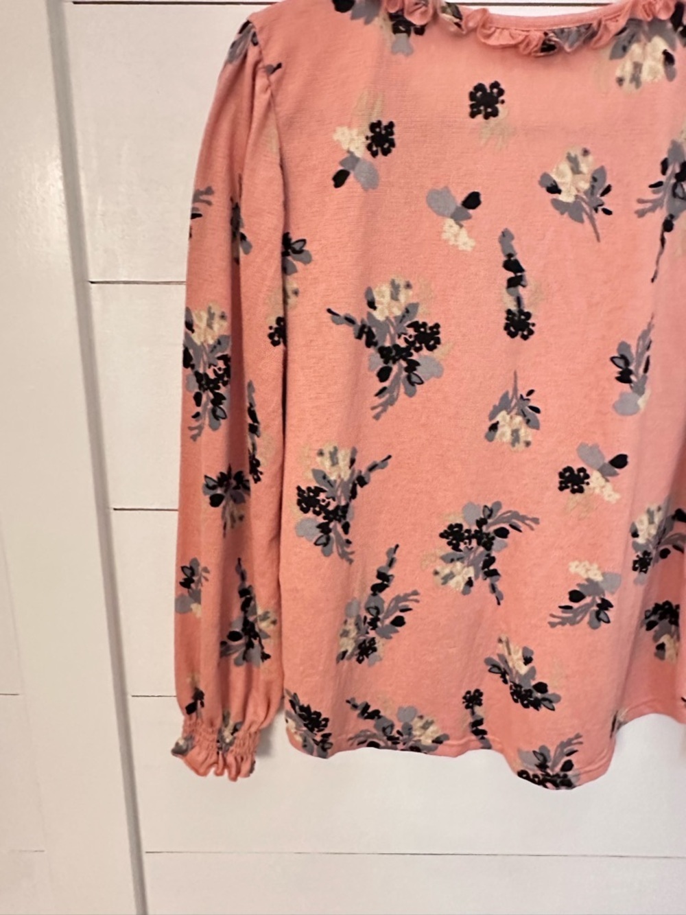 MELLODAY M peach floral ruffle V neck long sleeve blouse cottagecore shabby chic - Picture 9 of 12